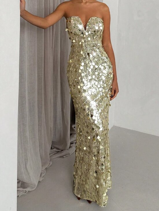 Dresses & Skirts - Gold Elegant Women's Sequin Embellished Dress